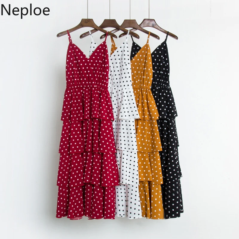 

Neploe Sleeveless Polka Dot Women Dress Summer 2019 Evening Party V-Neck High Waist Vestidos Ladies Vintage Dresses 44231