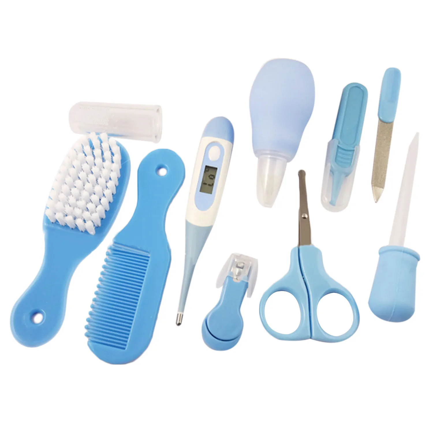 

10PCS Blue Baby Nail Care Hair Nasal Aspirator Thermometer Grooming Brush Health Care Set Kids Healthcare Tool Accessories