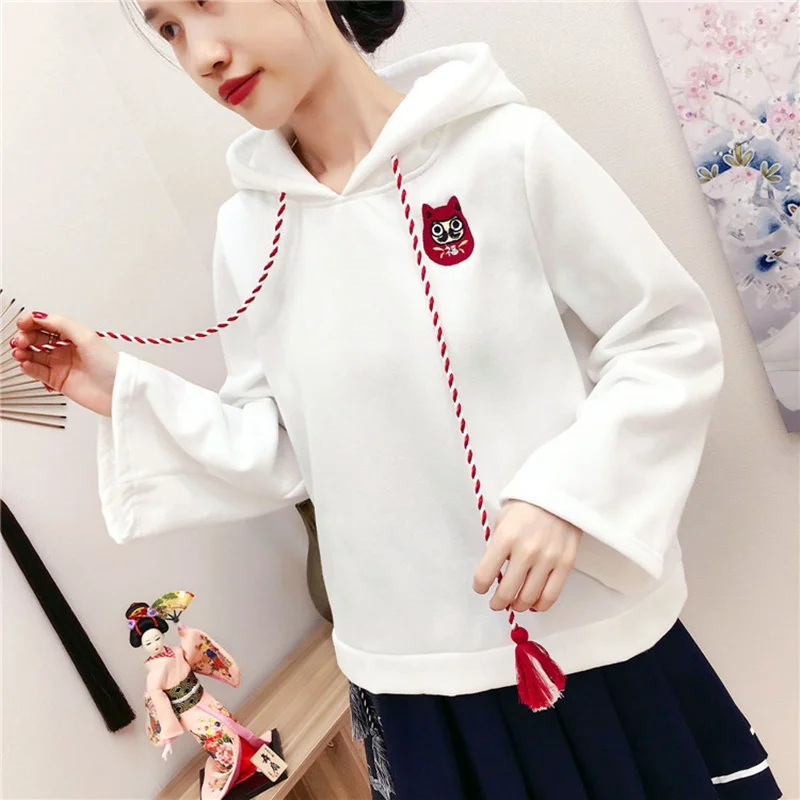 Белая, черная, японская одежда, Толстовка Harajuku Kawaii с вышитым котом, расклешенными рукавами, Женский Топ,, осенняя, японская Конфета FF2080