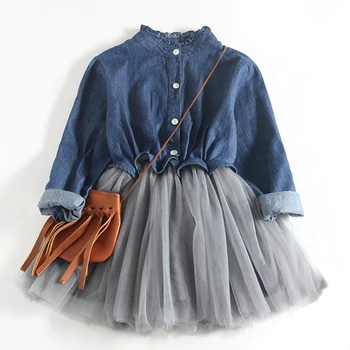 

Girls Spring Dress 2018 New Bohemian Style Children Long-Sleeve Clothing Cowboy Dress Design For 2-9T Ball Gown Baby Mesh Dress
