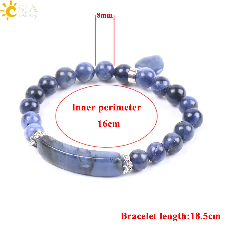 CSJA Natural Stone Sodalite Bracelets for Women Men Love Heart Blue White Dot Beads Stretch Healing Buddhist Prayer Bangles F109