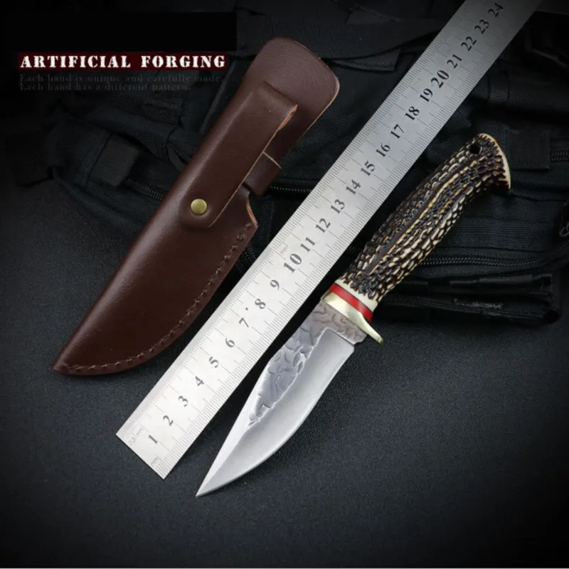 

Outdoor Survival Tactical Straight Knife Forged Pattern Steel Antlers Handle 58HRC Hunting Camping Knives Fishing Saber EDC Tool