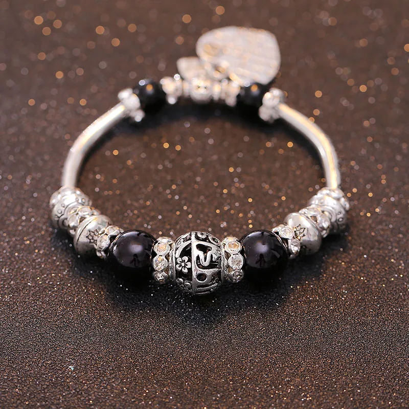 Vintage Charm Bracelets Antique Silver Plated Metal Crystal Beads Charm Black Color Round Stone Beads Bracelets for Women