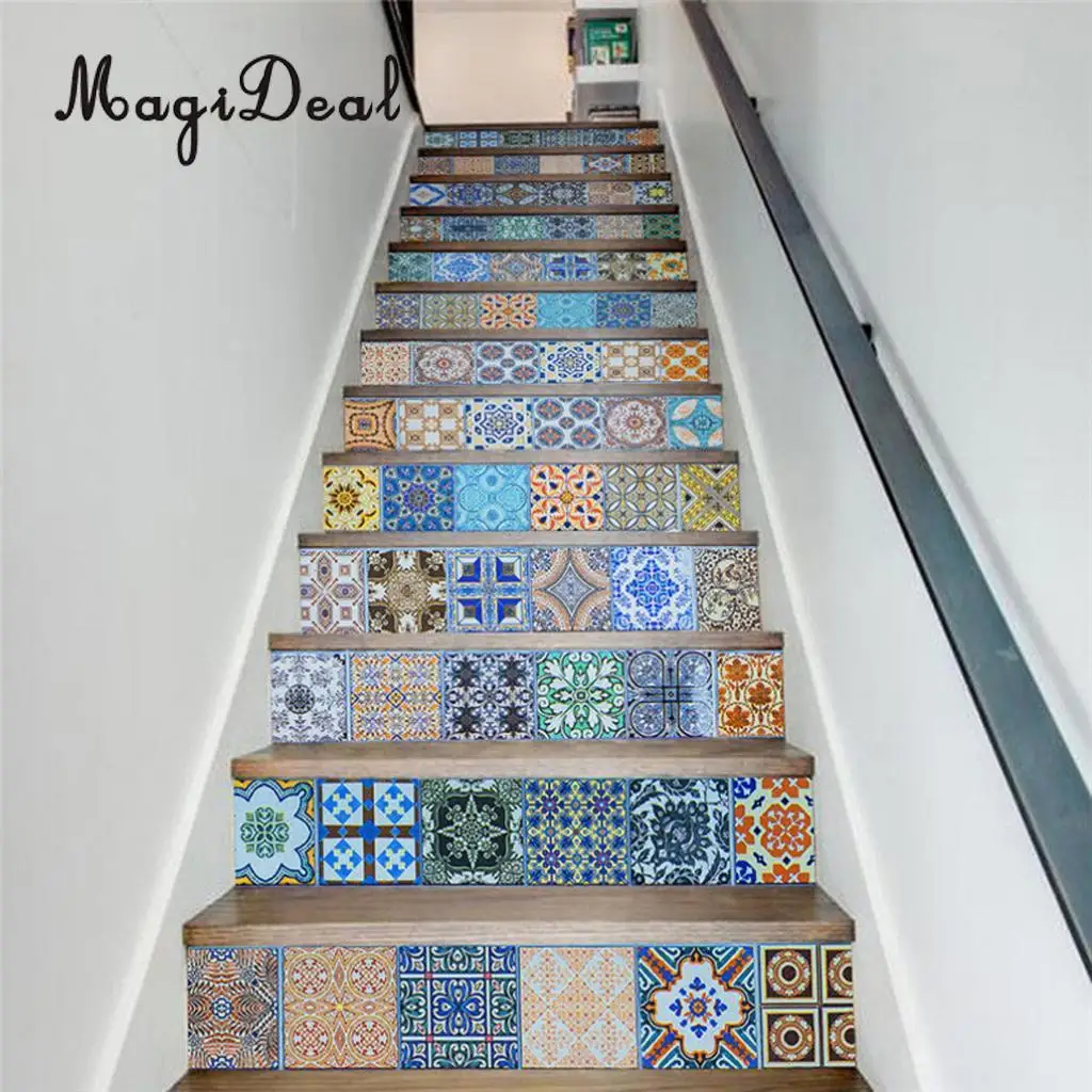 13Pcs 3D DIY Tile Stairs Stickers Removable Waterproof Wallpaper Stickers Self-adhesive Stair Riser for Stairway or Home Decor