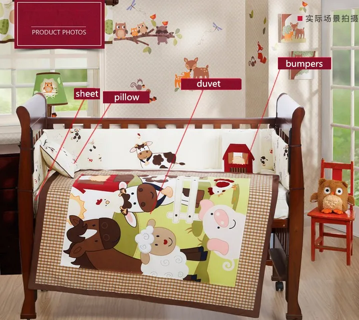 7pcs Embroidery Cot Sheet Baby Crib Bedding Set Cotton Crib Bumper
