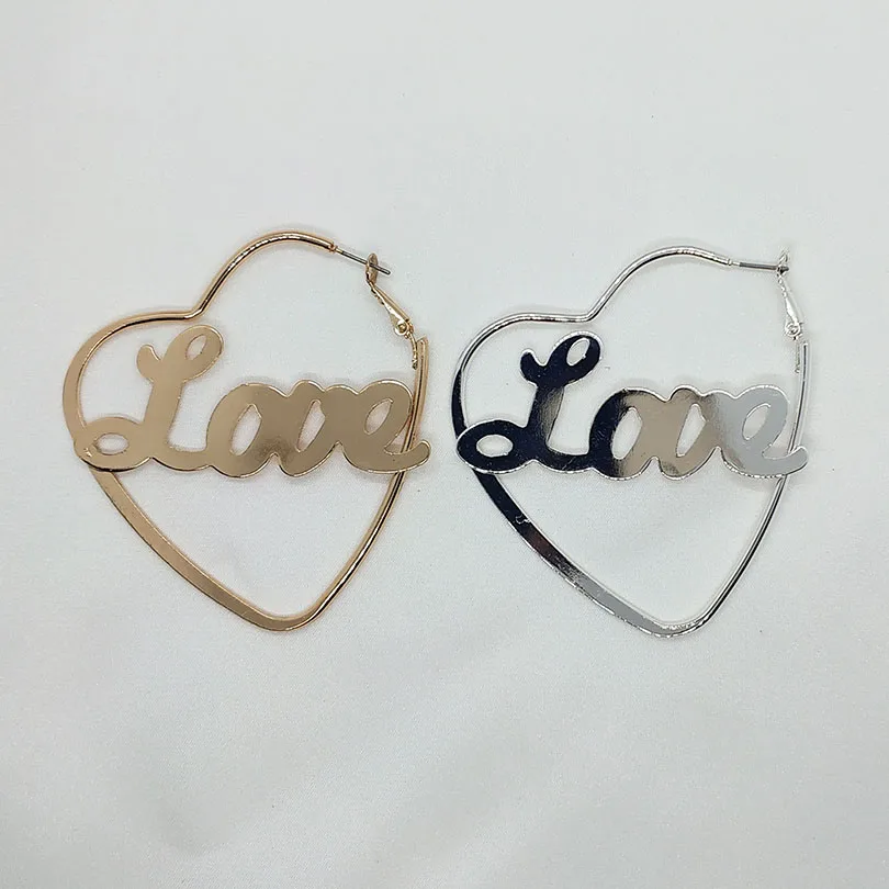 Модные женские серьги с надписью Love золотое сердечко серебряного цвета кольца
