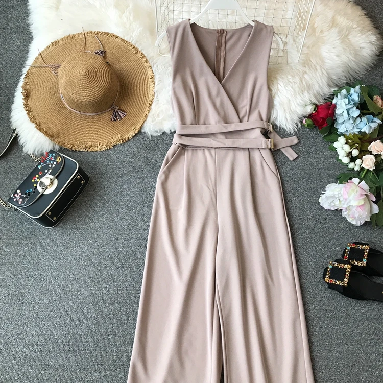 Sleeveless V-neck High Waist Sashes Wide Leg Jumpsuit