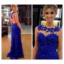 2016 elegante Memraid Sheer Zurück Royal Blue Abendkleid Mit Applikationen Lange Abendkleid Benutzerdefinierte vestido de festa gala jurken