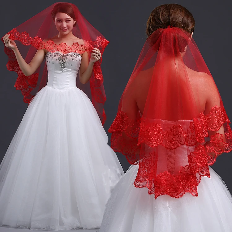 Short Red Bridal Veil Ivory Wedding ...