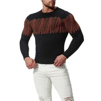 

Nice Men Cotton Stripe Pattern Knitting Slim Sweater Fashion Men Round Neck Long Sleeve Pullover Sweater Black Red S-2XL