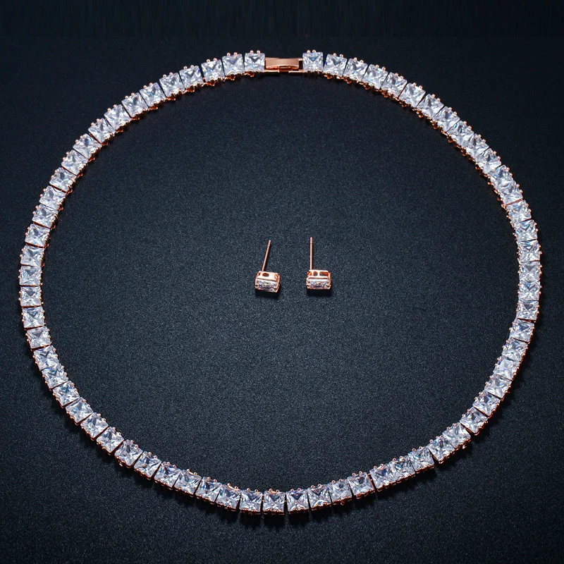CWWZircons Classic Princess Cut Cubic Zirconia Stones Rose Gold Bridal Choker Necklace Jewelry Set for Women Wedding Party T202|Ювелирные