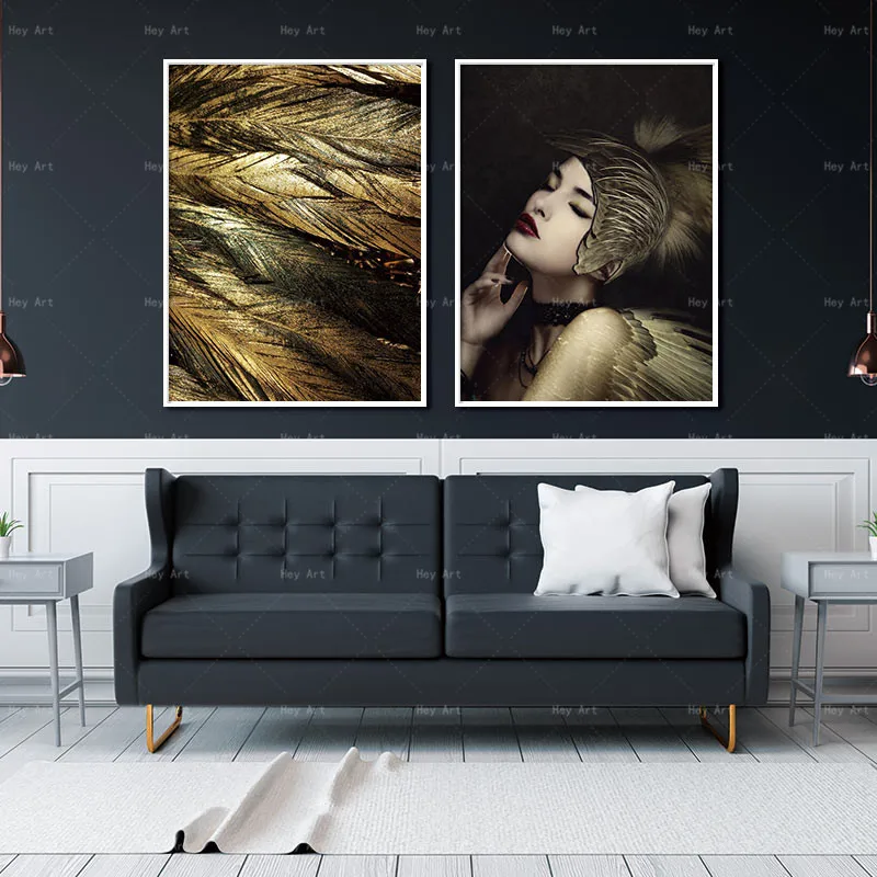 Frameless printing portrait picture Wall art prints feather canvas paintings for living room Figure Posters