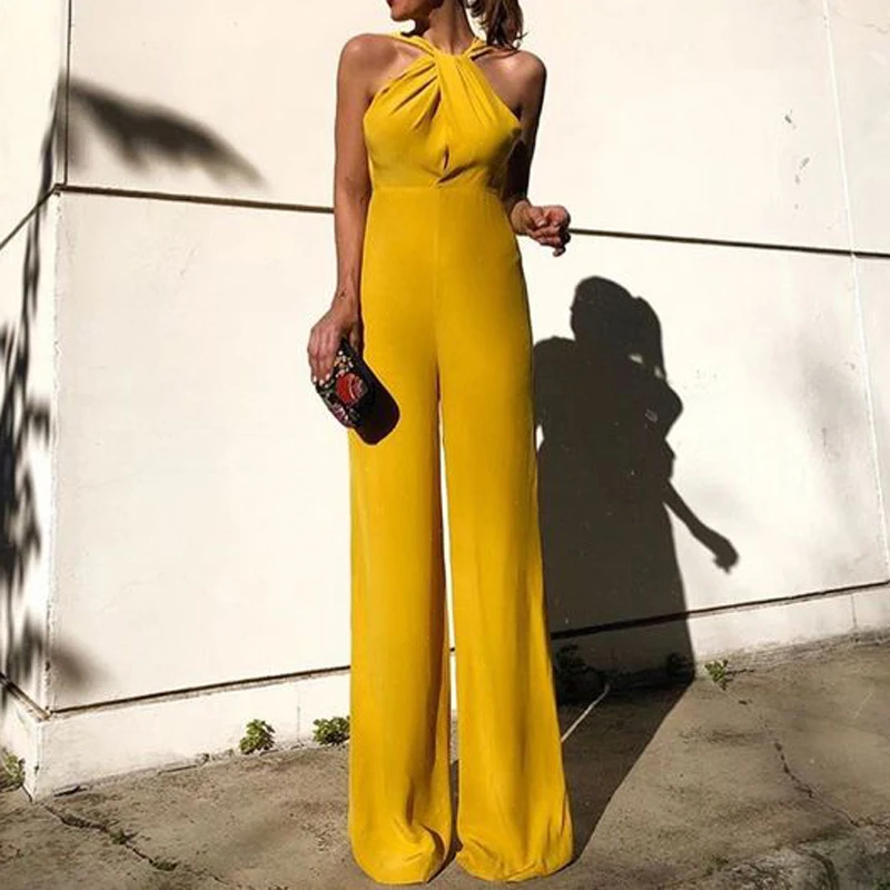 

Women Yellow Polyester Elegant Fashion Slim Casual Sleeveless Halter Jumpsuit