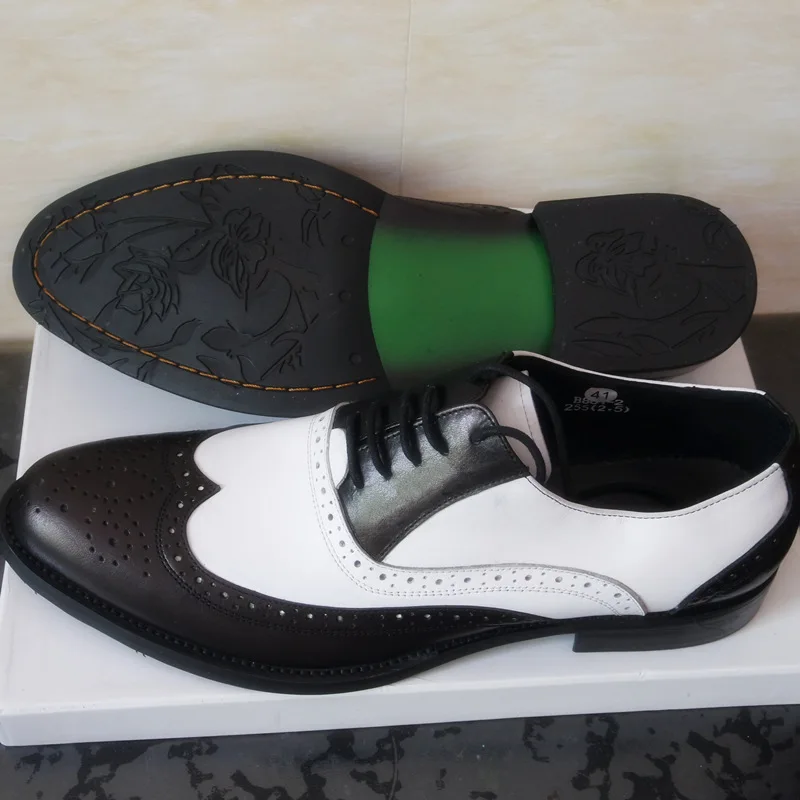 Clearance Sale !! US 8 Men Retro Genuine Leather Black and White Fretwork Pointed Toe Oxfords Wing Tip Brogue Shoes Eur Size 41