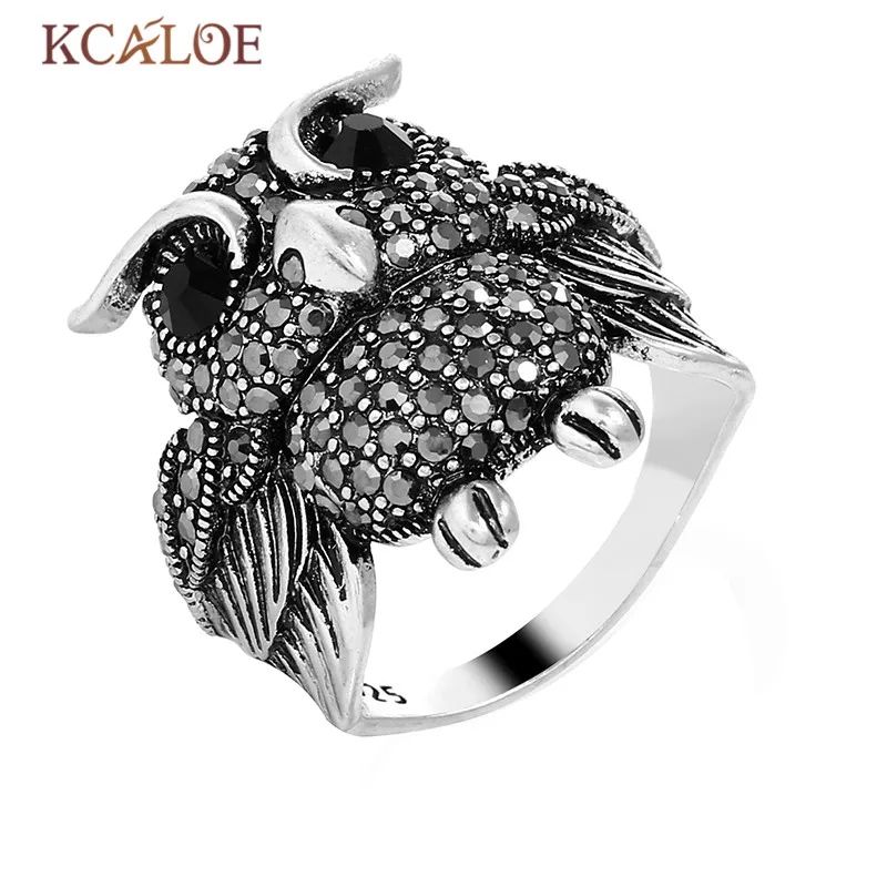 

KCALOE Animal Owl Rings For Women Antique Silver Black Crystal Rhinestone Punk Ring Jewelry Accessories Ringen Voor Vrouwen