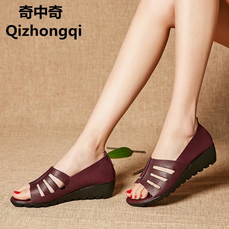 

Plus size 35-43 # genuine leather women sandals fish mouth slope with soft bottom comfortable mother shoes summer shoes women