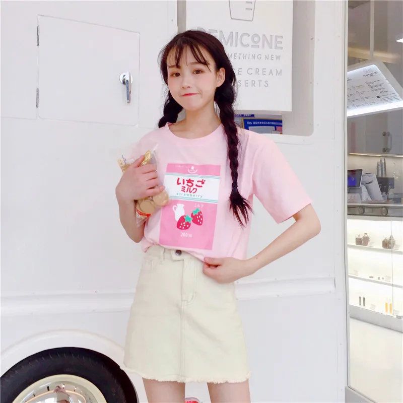 

Harajuku Kawaii Milk Graphic Tees Women Cute Clothes Summer Oversized Loose Print Tshirt Cotton Schoolgirl White Pink Tops