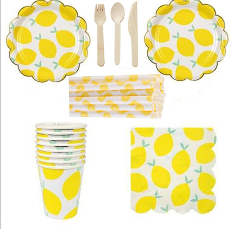

Serves 8 yellow fruit lemon theme summer holiday disposable party tableware dinnerware party supplies set paper plates cup straw