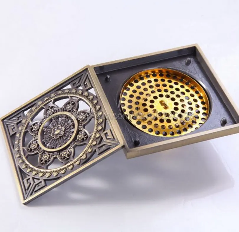 Antique Brass Art Carved Bath Square Floor Drain Grate Waste Drainer Bathroom Accessories Waste Grate Floor Drain Khr024