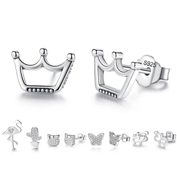 

Fashion 925 Sterling Silver Stud Earrings for Women Crystal Love Heart Cat Cross Star Small Earrings Silver Jewelry Bijoux Femme