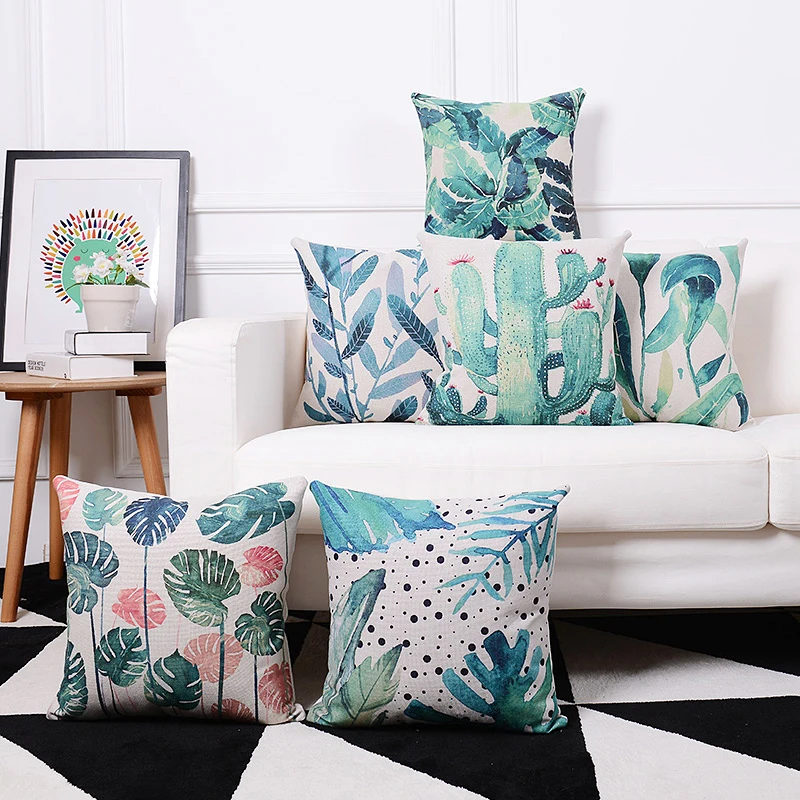 Nordic Green Plants Cotton Linen Printed Pillowcase