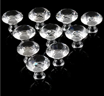 

10pcs/lot 30mm Diamond Crystal Glass Door Drawer Cabinet Furniture Handle Knob With Screw