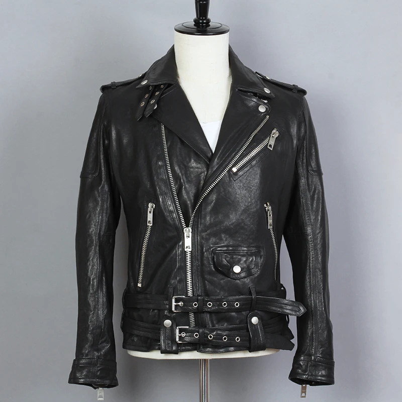 

2018 Fashion Genuine Leather Jacket Men Black SheepSkin Motorcycle Biker Jacket Lapel Belt Slim Fit Short Real Leahter Coat