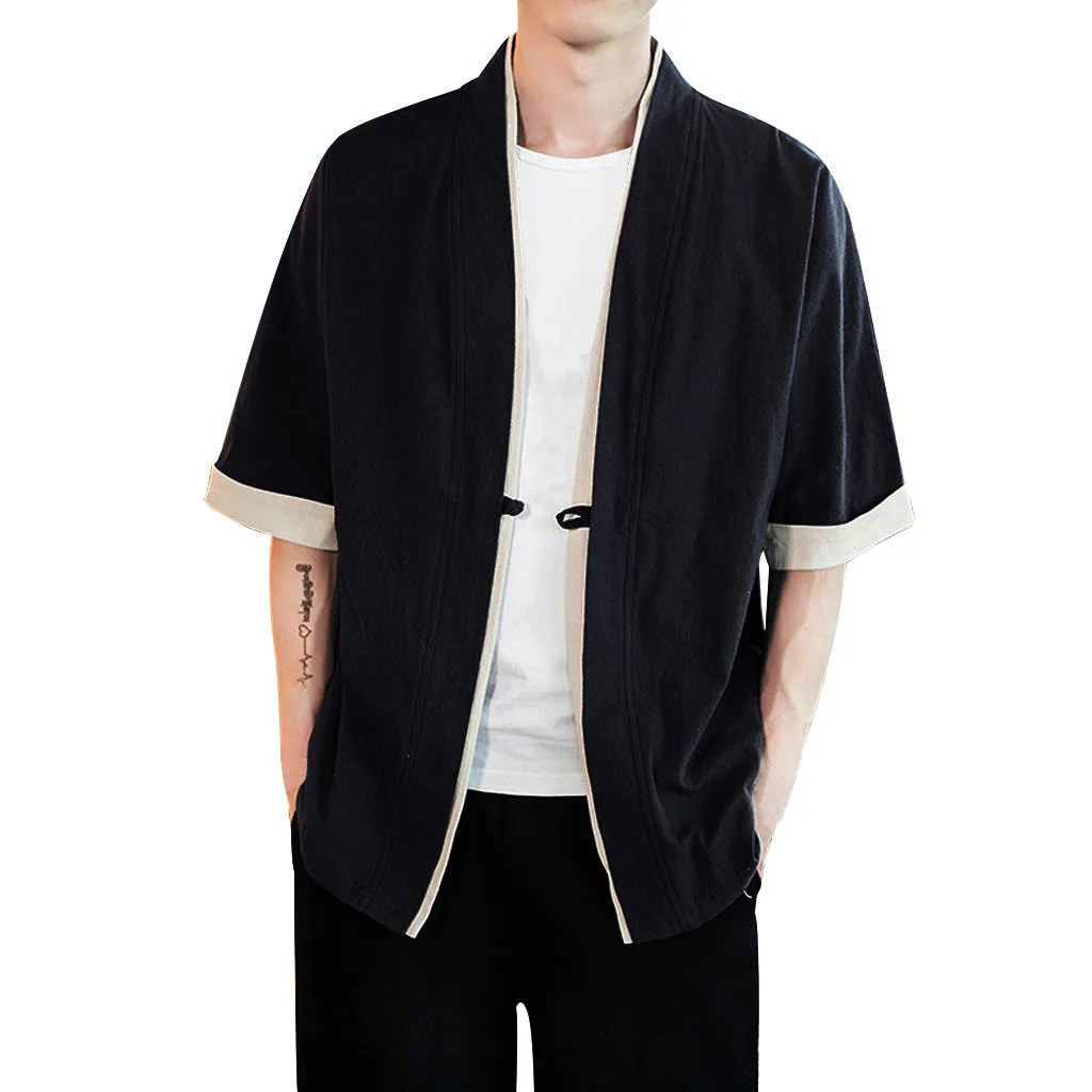 

FREE OSTRICH Summer Linen Kimono Shirt Men's Retro Five-Sleeve Loose Comfortable Large Size Casual Cardigan Shirt 2019