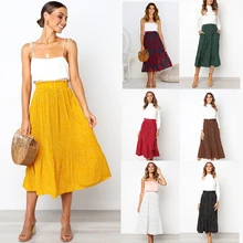2019 Women Pleated Skirt High Quality Polka Dot Print Midi Skirt Pocket Yellow Green Girl Summer Autumn Skirt eDressU CLX-101082 polka dot print hanky hem skirt