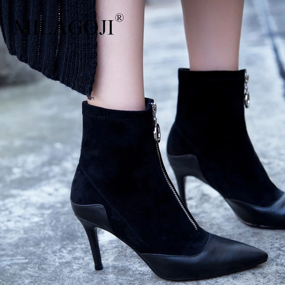 

2018 Winter Newest Fashion Patchwork High Heels for Woman Sexy Heel Women Shoes MILAGOJI Zip Casual Party Handmade Women's Boots