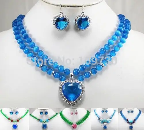 

Jewelry 00848 white pearl/green jade/blue opal heart zirconia pendant necklace earring can choose (A0423)