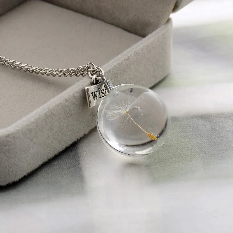 Модное хрустальное ожерелье из настоящего одуванчика, стеклянные круглые подвески, серебряная цепочка, колье для женщин