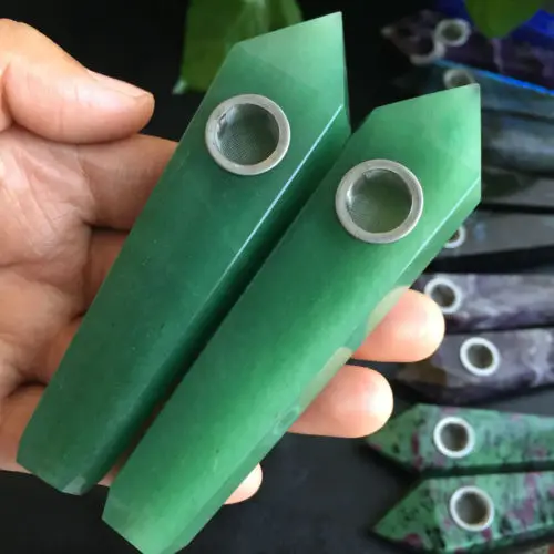 

1pcs Natural Dongling jade GemStone Quartz Crystal Wand Smoking Pipe Carved Hole