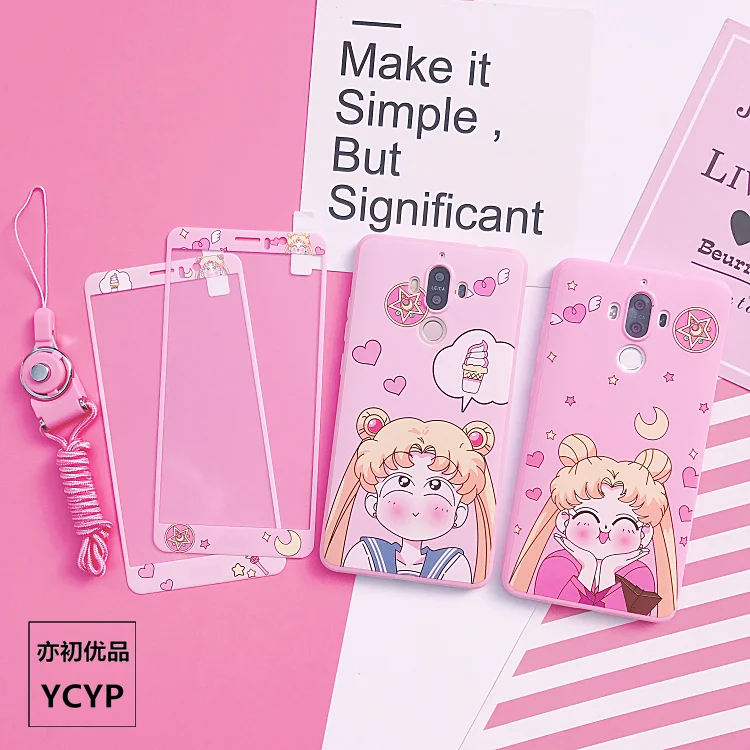 

P20 pro Sailor Moon Case +Tempered Glass Screen film,Pink girl case for Huawei Nova2S/3/3E/P20/P10/P10plus/mate9/10 Back Cover