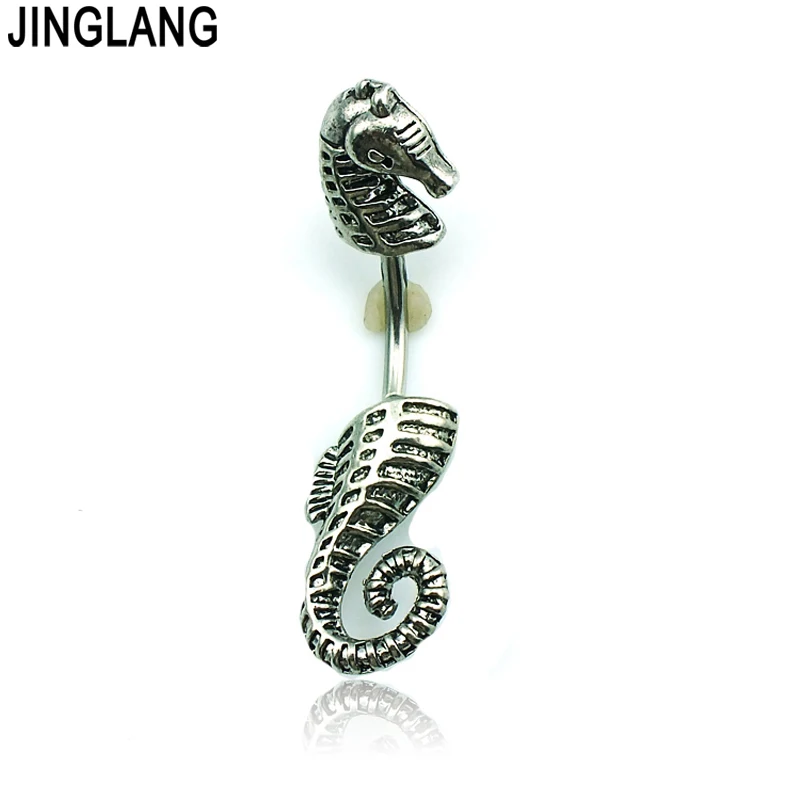 

JINGLANG DIY Brand New HIgh Quality Fashion 316L Stainless Steel Barbell Retro Black Sea Horse Navel Piercing Jewelry