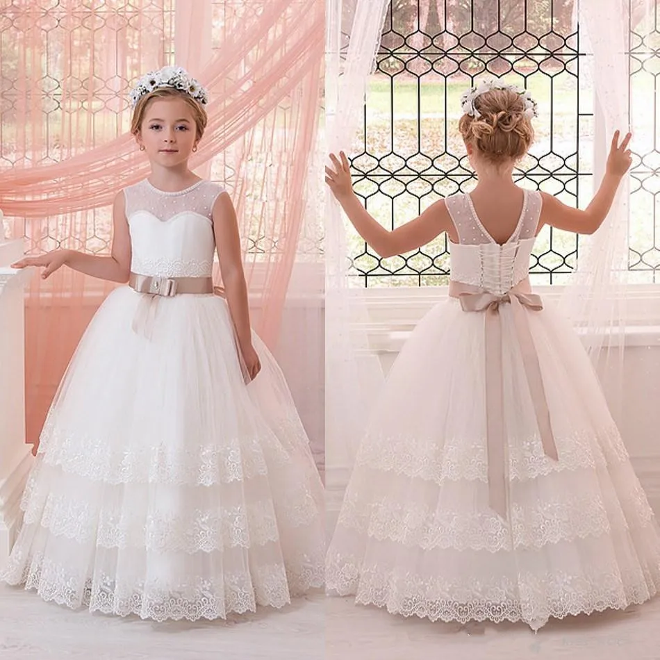 White Ivory Puffy Tulle Flower Girls Dresses For Wedding Lace Crew Neck Girls Party First Communion Gown With Sash Custom Made White Ivory Puffy Tulle Flower Girls Dresses For Wedding Lace Crew Neck Girls Party First Communion Gown With Sash Custom Made