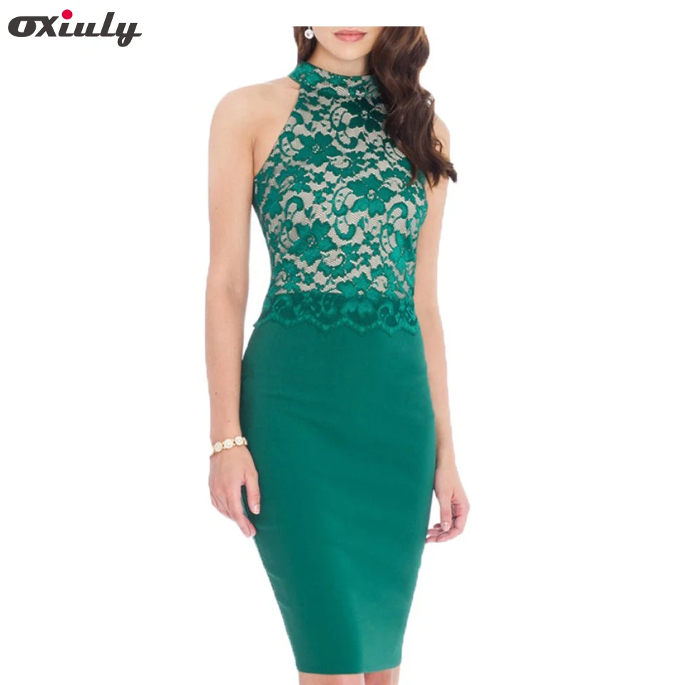 

Oxiuly Women Sexy Lace Patchwork Stretch Sheath Sleeveless Halter Off the Shoulder Bodycon Club Pencil Party Dress
