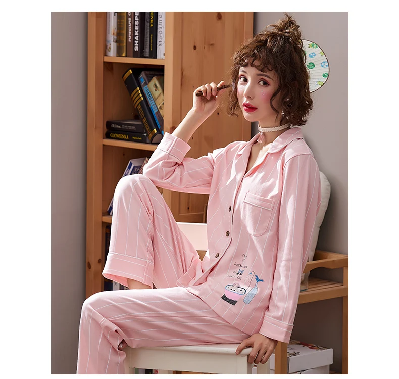 Лацкан кардиган Топы + Вертикальный штаны в полоску пижамы наборы хлопчатобумажная одежда для сна больших размеров M-XXL Пижама с рисунком