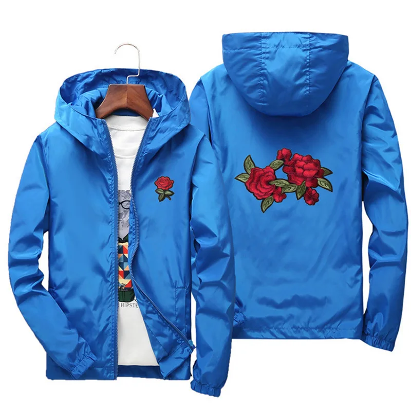 Women's Hooded Jackets Summer Women Basic Jackets Coats Embroidery Rose Causal Men windbreaker Lightweight Bomber Famale - Цвет: Синий