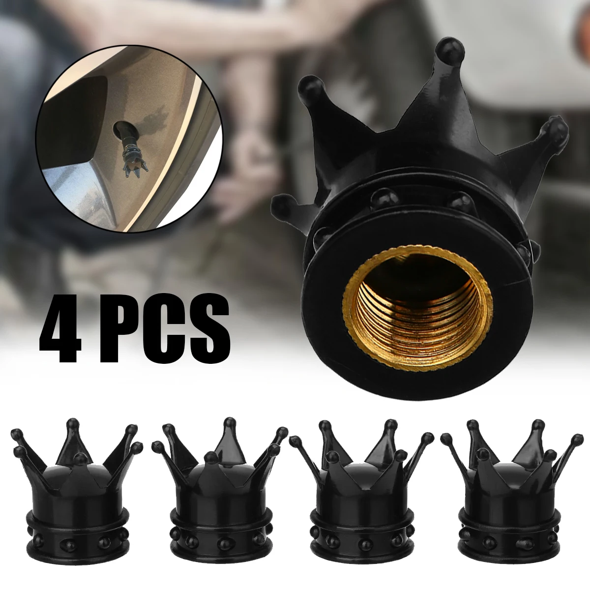 4pcs Black Crown Aluminum Car Wheel Tyre Tire Air Valve Stem Cap Dust Cover For Car Truck Bike Motorcycle ATV