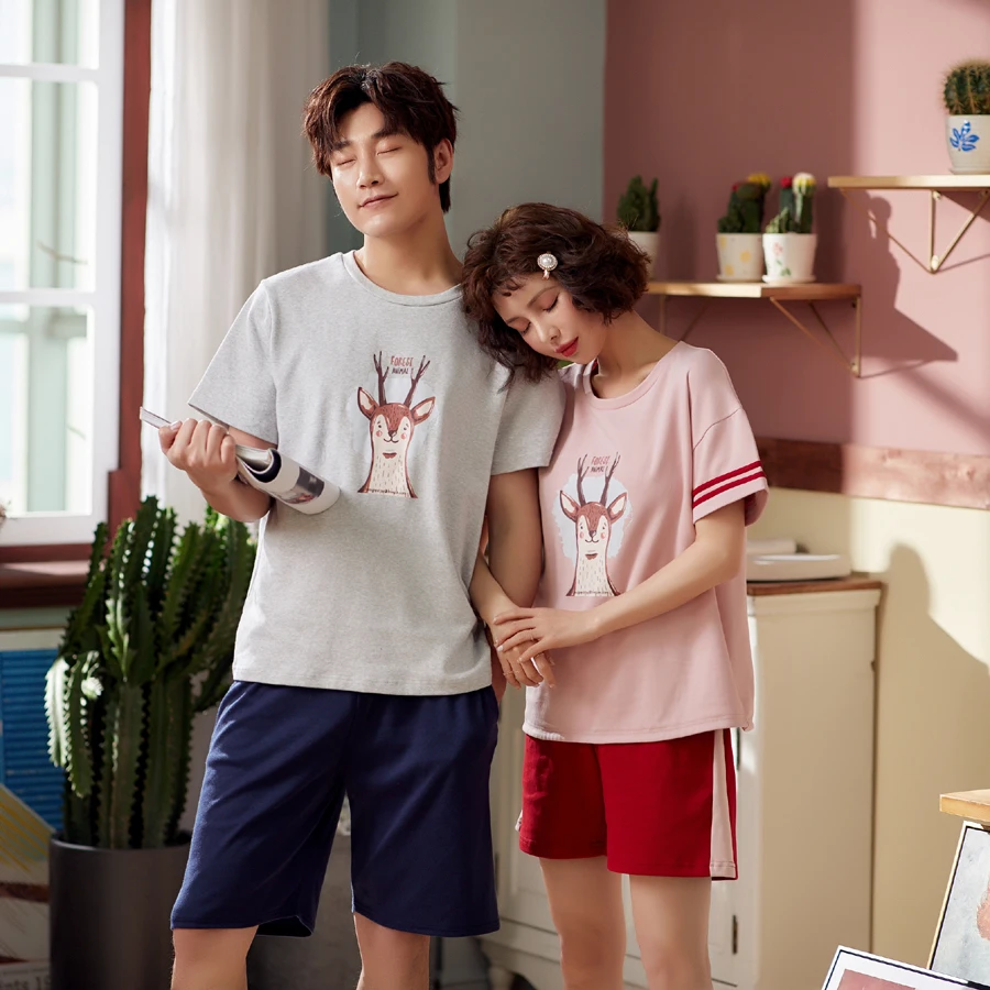 

Matching Couple Pajamas Set Summer Sleepwear For Women Short Sleeve Home Suit Female Cotton Loves Homewear Clothing Women's 2019