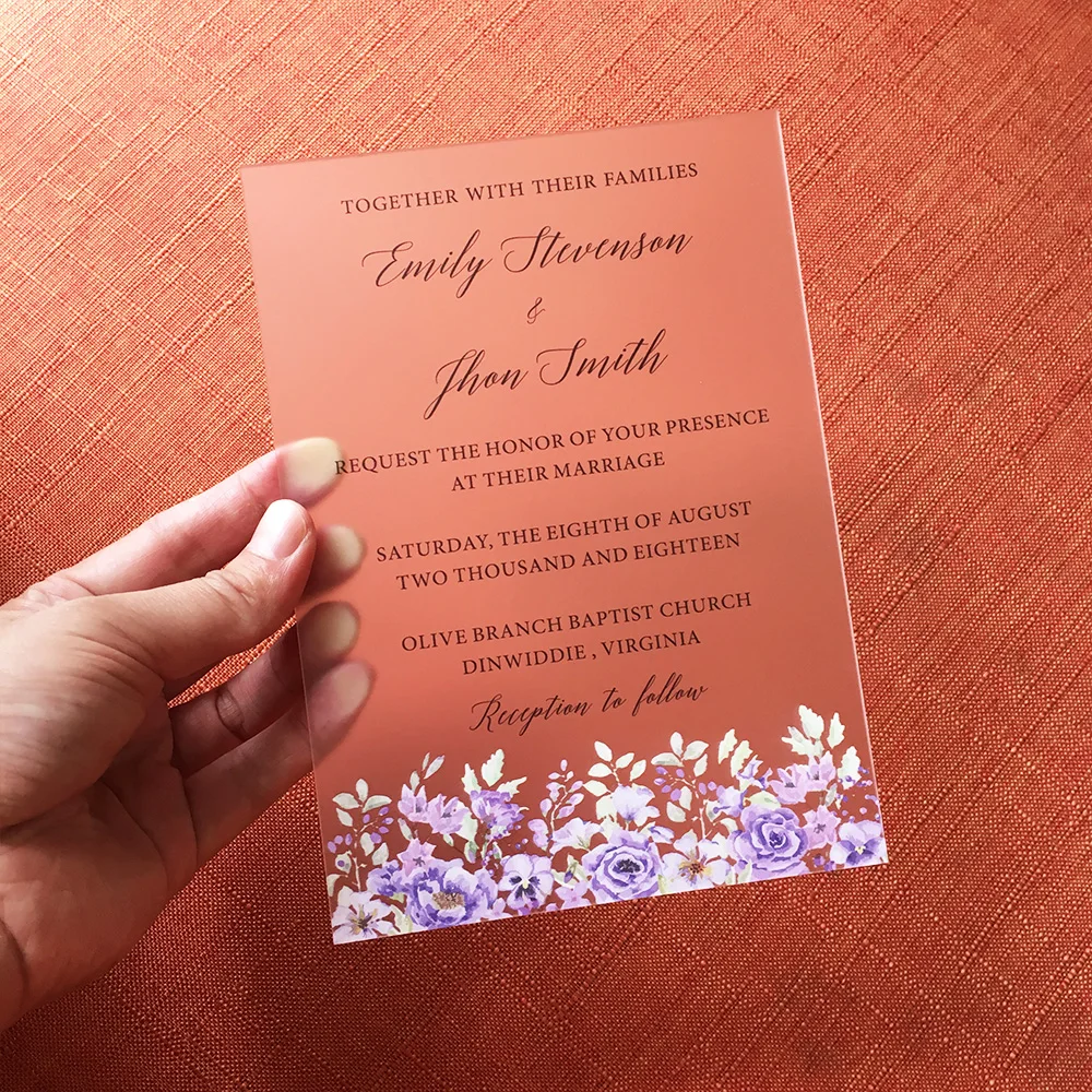  50 Pieces Per Lot Purple Floral Watercolor Style 5x7inch Frosted Acrylic Wedding Invitation Card - 32871231929