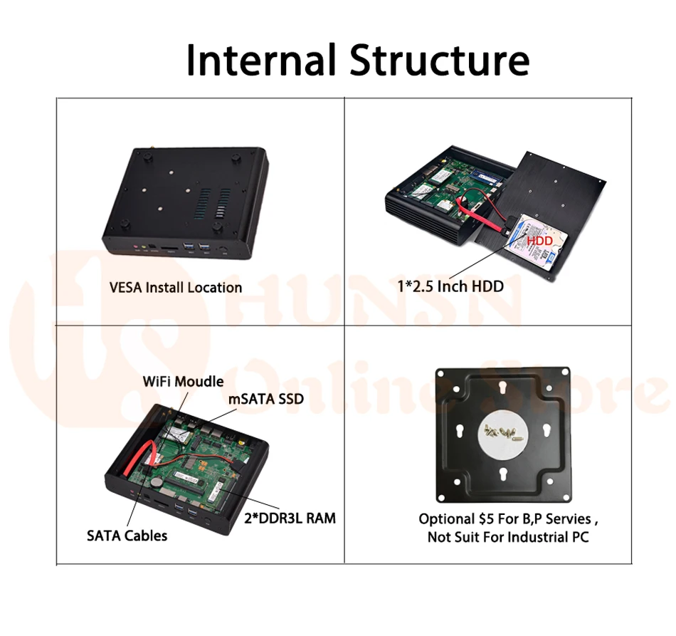 Безвентиляторный мини-ПК, настольный компьютер, Windows 10/Ubuntu, Intel Core I7 5500U/5550U, [HUNSN BM02L],(2HD/2LAN/4USB3. 0/4USB2. 0/WiFi
