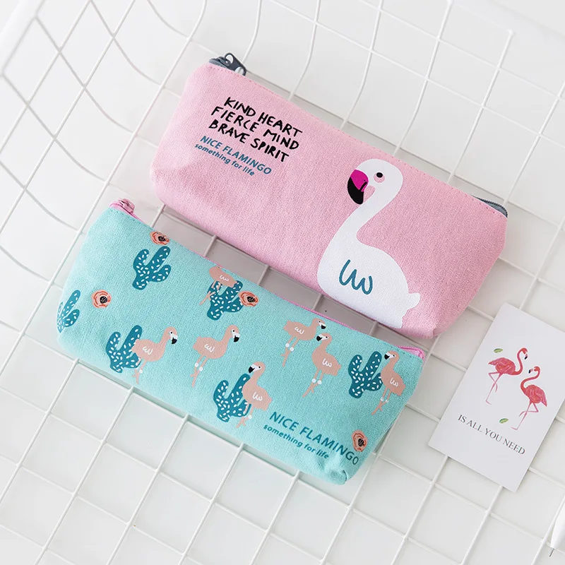 

South Korea simple and lovely flamingo canvas pencil case student female small fresh zipper stationery bag pencil case