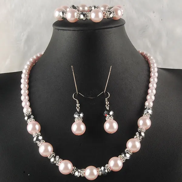

Free shipping Fashion Jewelry 8~14mm Pink Crystal Pearl Necklace Bracelet Earrings Set SG4461