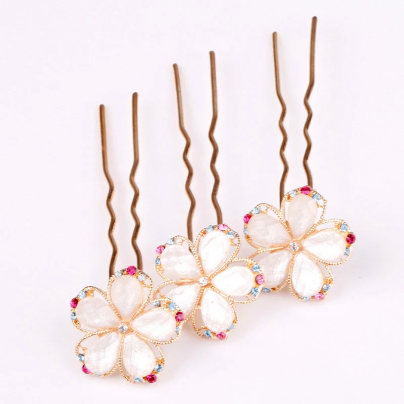 

Fashion Korean Gold Color Cute Romantic Crystal Rhinestones Flower Metal Hair Clip Hairpin Hair Sticks Jewelry Women Accessories