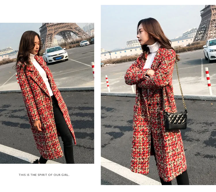Осенне-зимнее пальто шерстяное пальто женское длинное клетчатое пальто плотное шерстяное кашемировое пальто твидовая куртка красная верхняя одежда 768