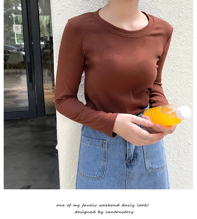 Jielur 5 Solid Color Hipster Long Sleeve Tshirt Women White O Neck Basic Tshirt Feminina Simple Korean Style Vetement Femme