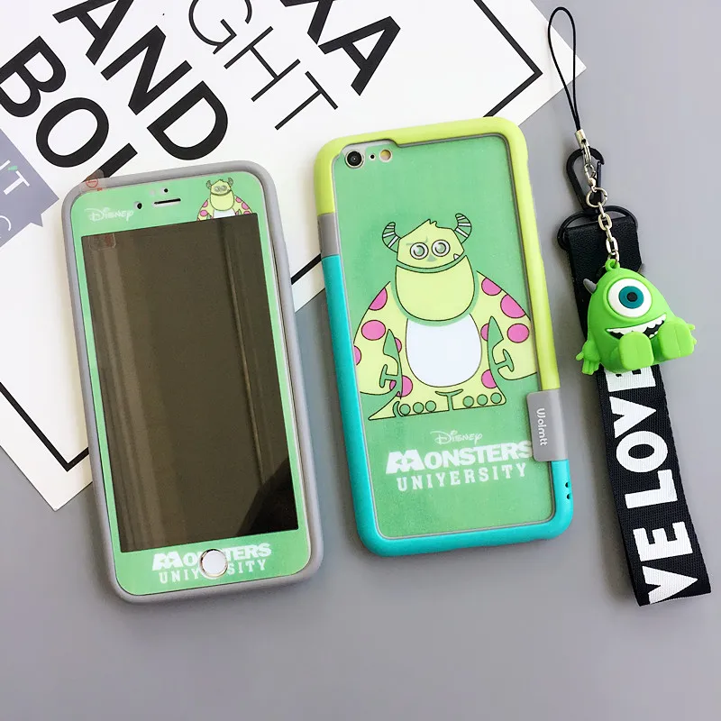 Goedkoop Schokbestendig Bumper case voor iPhone 8, green monsters front amp; back gehard glas screen film voor iPhone 7 6 6 s plus + strap + houder