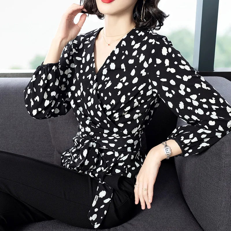 

2019 Spring Women High Street Fashion Sexy V Neck Slim Printing Sashes Chiffon Blouses Tops Ladies Elegant Shirt Rochie Eleganta